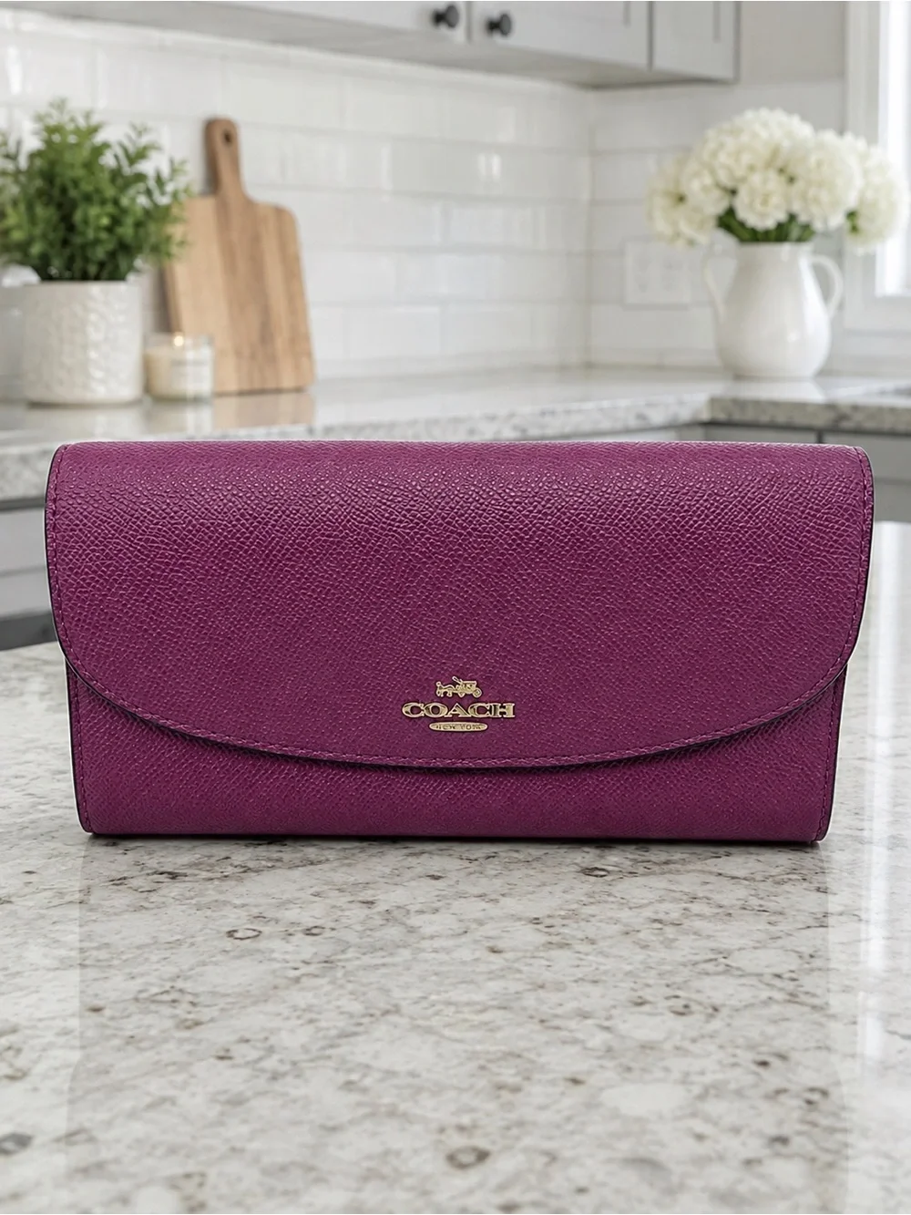 Coach Purple Crossgrain Leather Slim Envelope Wallet Gold Hardware
